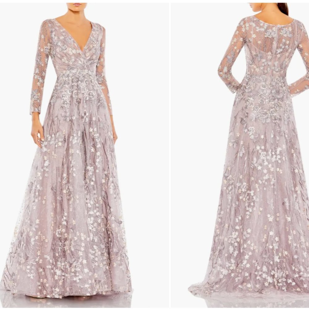 MAC DUGGAL FLORAL EMBROIDERED EMBELLISHED LONG SLEEVE MESH LILLAC GOWN sz 6
